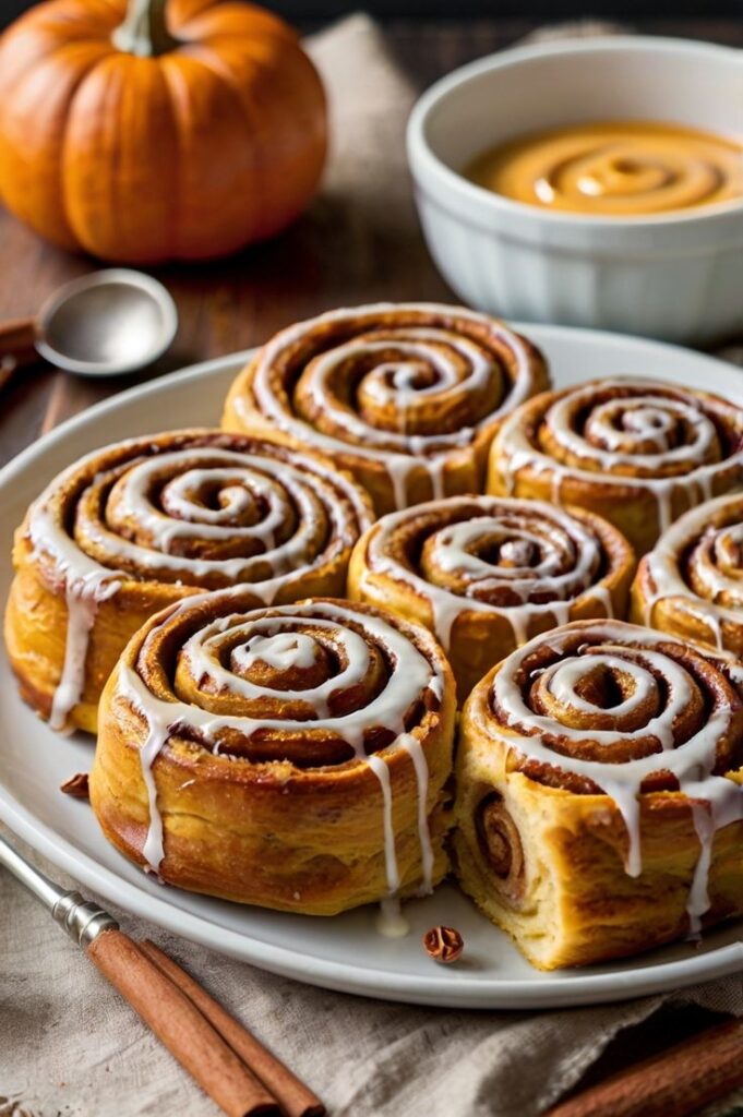 Freshly baked pumpkin cinnamon rolls with icing on a plate, perfect for fall treats. Nearby pumpkin and spiced cream sauce.
