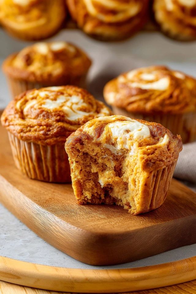 Pumpkin muffins with cream cheese swirl on a wooden board, one with a bite taken, delicious homemade dessert.