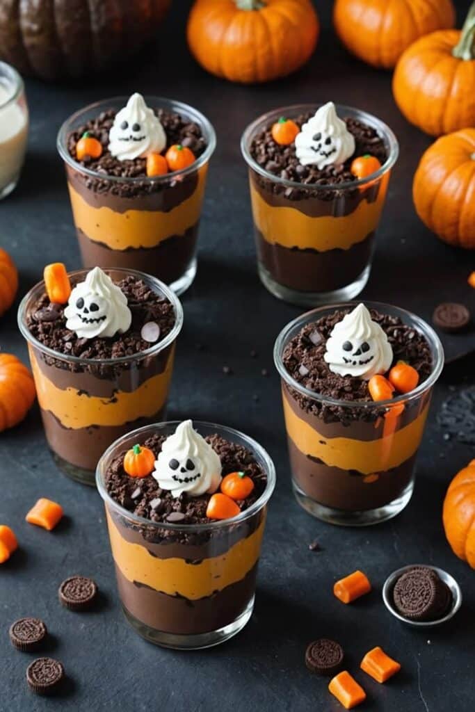 Halloween dessert cups with layers of chocolate and pumpkin, topped with spooky whipped cream ghosts and candy pumpkins.