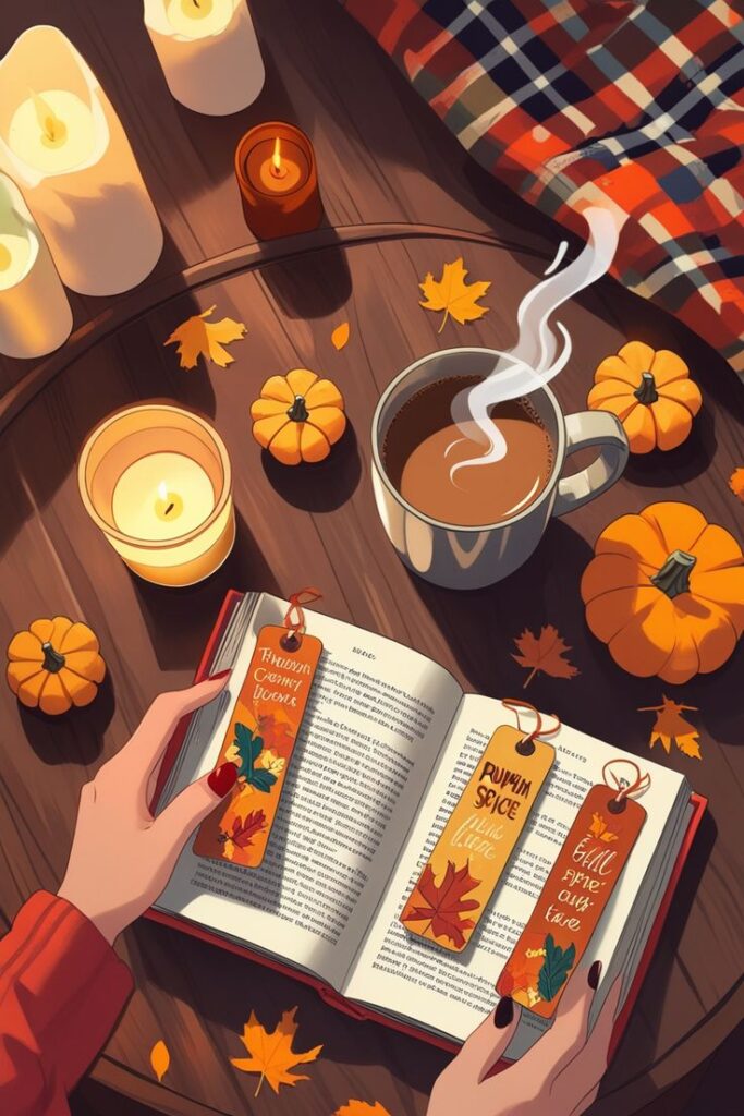 Cozy autumn reading scene with a steaming coffee, candles, pumpkins, and bookmarks in an open book on a wooden table.