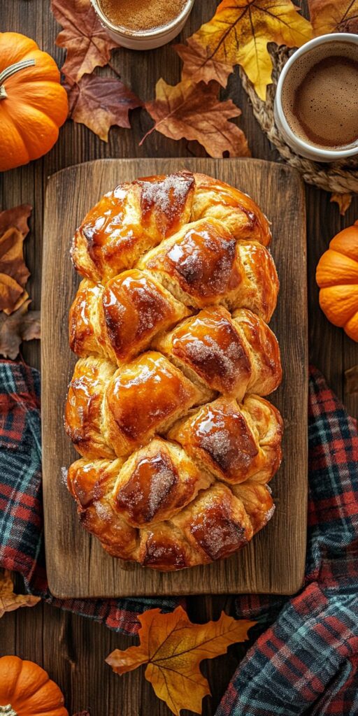 Freshly baked glazed bread on a wooden board, surrounded by pumpkins and autumn leaves, perfect for a cozy fall setting.