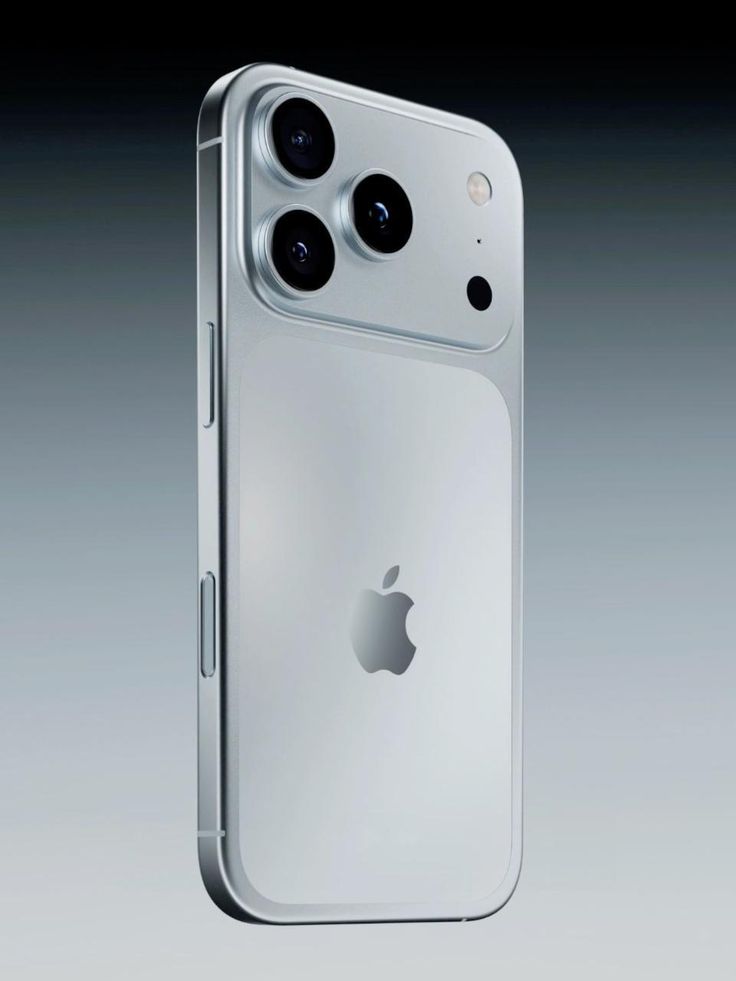 Silver smartphone with triple camera setup, sleek design, and an iconic logo on the back.