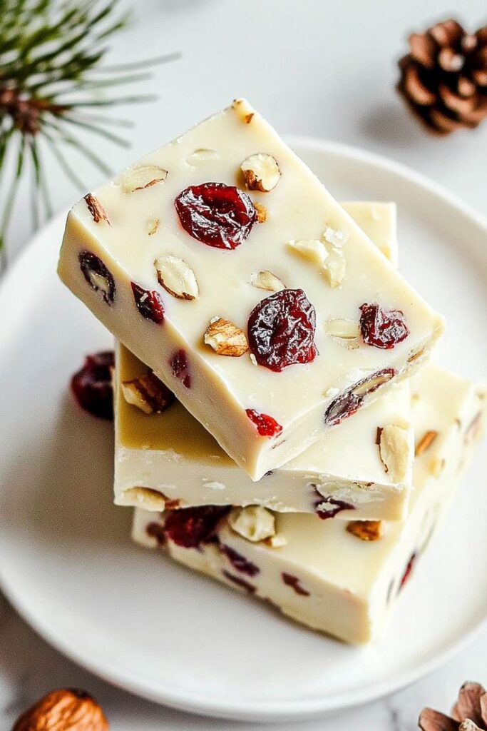 Stack of white chocolate cranberry almond fudge squares on a plate, perfect holiday treat with nuts and dried fruit.
