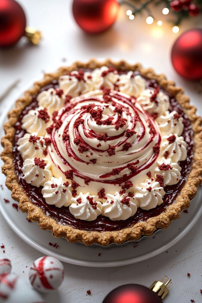 Delicious red velvet pie topped with cream and festive ornaments, perfect for holiday celebrations.