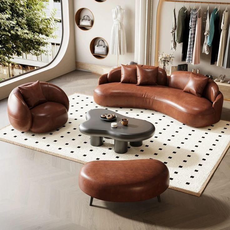 Modern living room with brown leather furniture, unique black coffee table, and stylish wardrobe display. Cozy and elegant design.