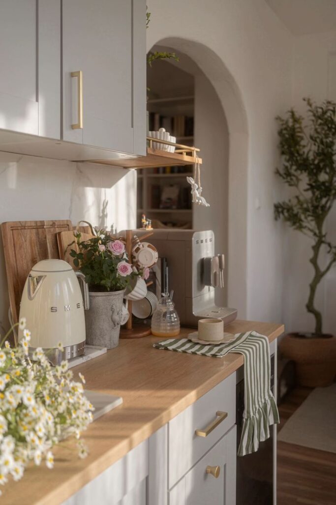 Cozy kitchen with a wooden countertop, pastel kettle, flowers, and coffee maker, creating a warm and inviting atmosphere.