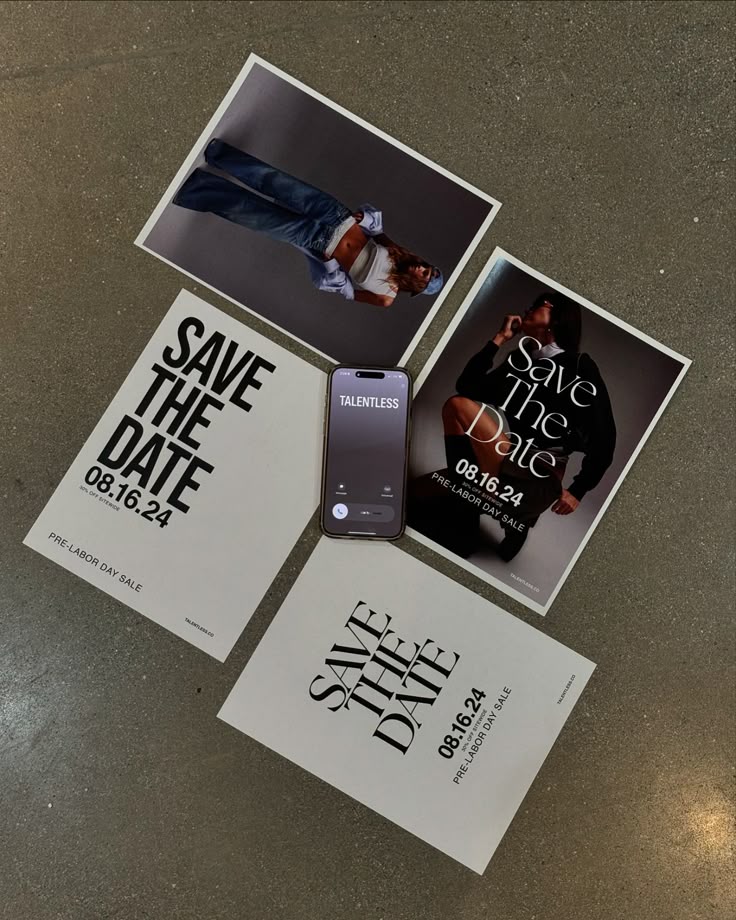 Save the Date flyers for 08.16.24 Pre-Labor Day Sale with phone on concrete background showcasing Talentless brand.