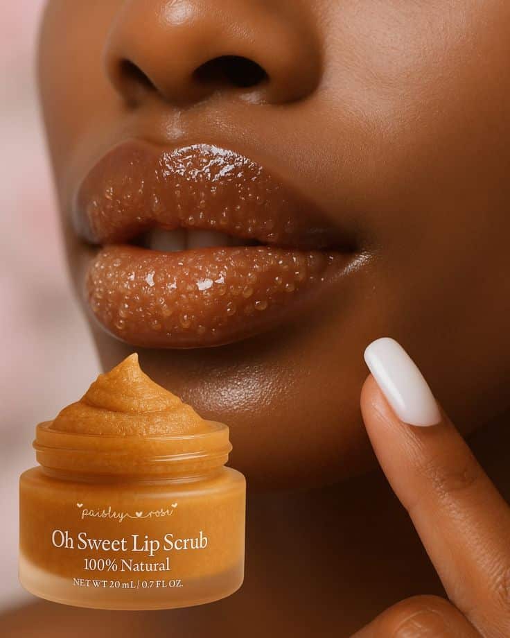 Close-up of glossy lips with natural lip scrub application, featuring 100% natural Oh Sweet Lip Scrub product in focus.
