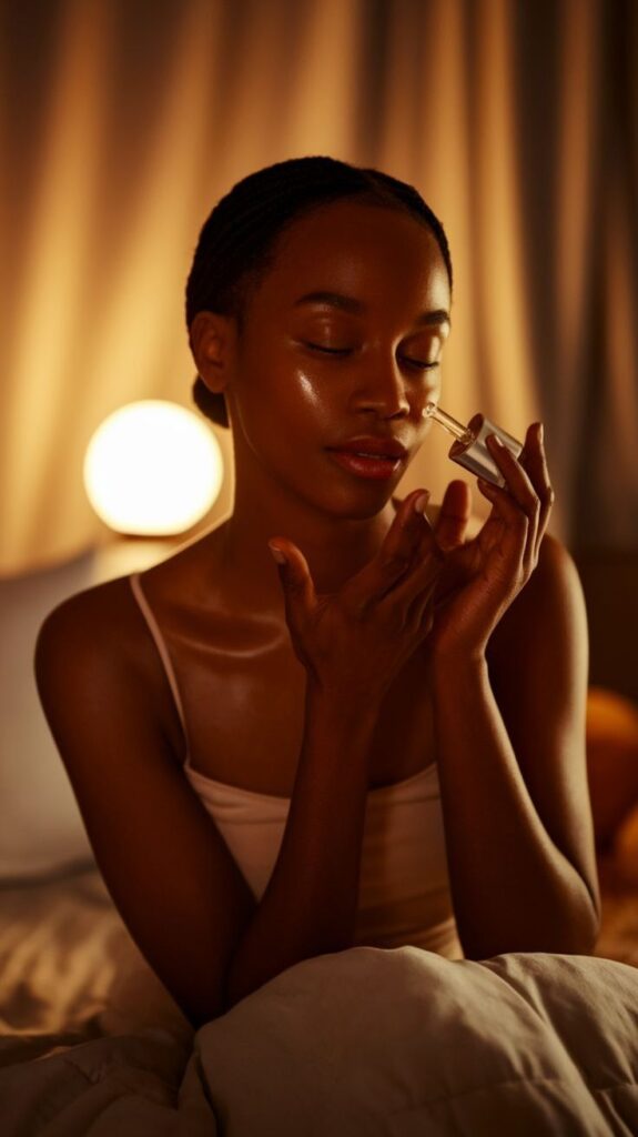 Woman applying skincare serum with dropper, glowing skin in cozy bedroom ambiance.