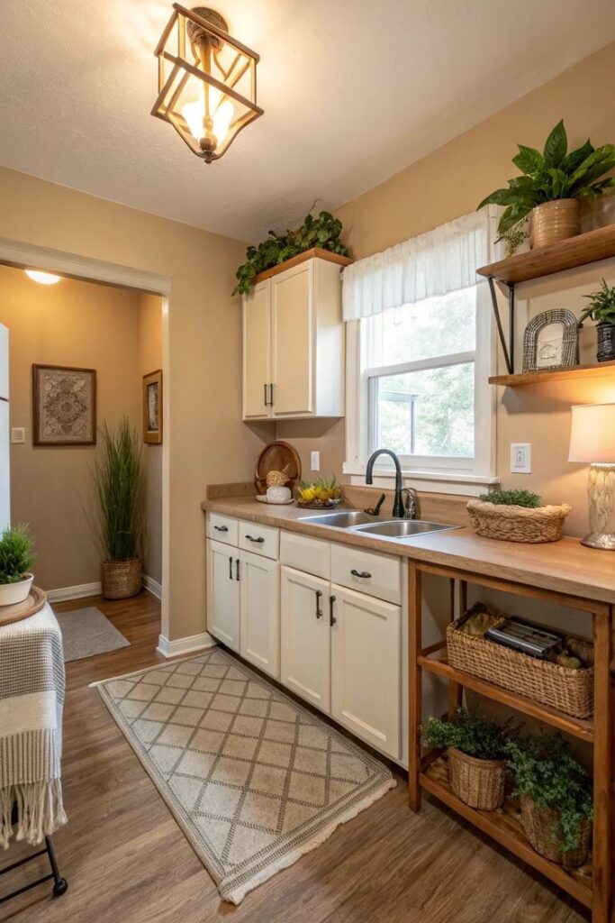Cozy farmhouse kitchen with natural wood elements, potted plants, and a warm, inviting atmosphere.