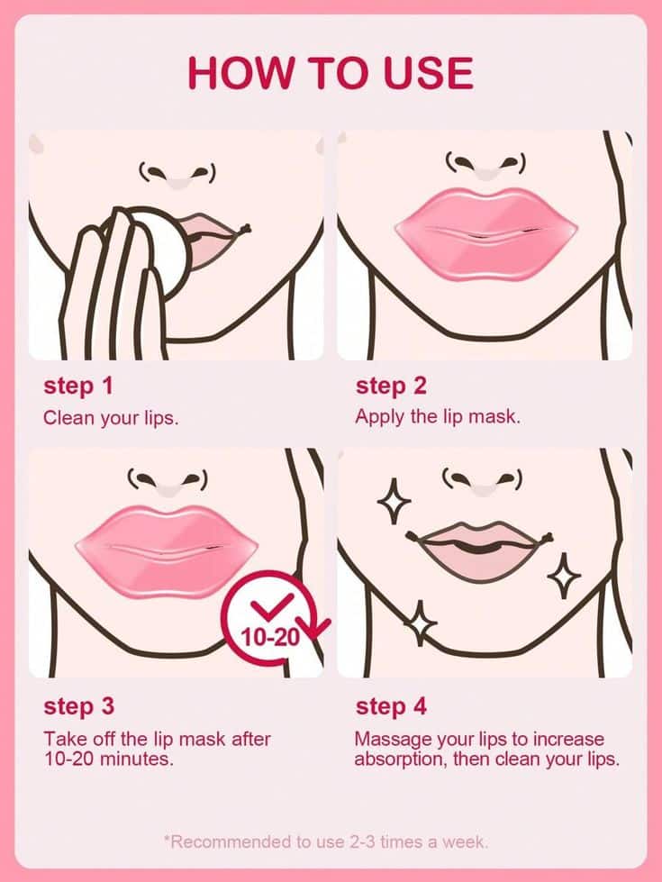 Step-by-step guide to using a lip mask: clean, apply, remove after 10-20 mins, massage for better absorption. Beauty routine tips.