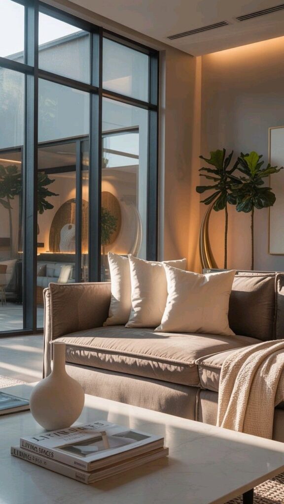Modern living room with cozy sofa, white cushions, a stylish vase, and sunlight streaming through large glass windows. Minimalist decor.