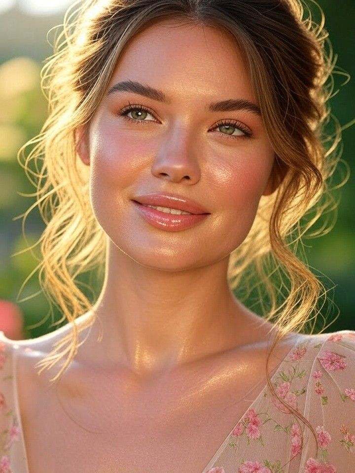 Smiling woman with glowing skin and floral dress in sunlight, highlighting natural beauty.