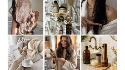 Collage featuring hair care products, styling, and relaxation with soft lighting. Perfect for hair and beauty inspiration.