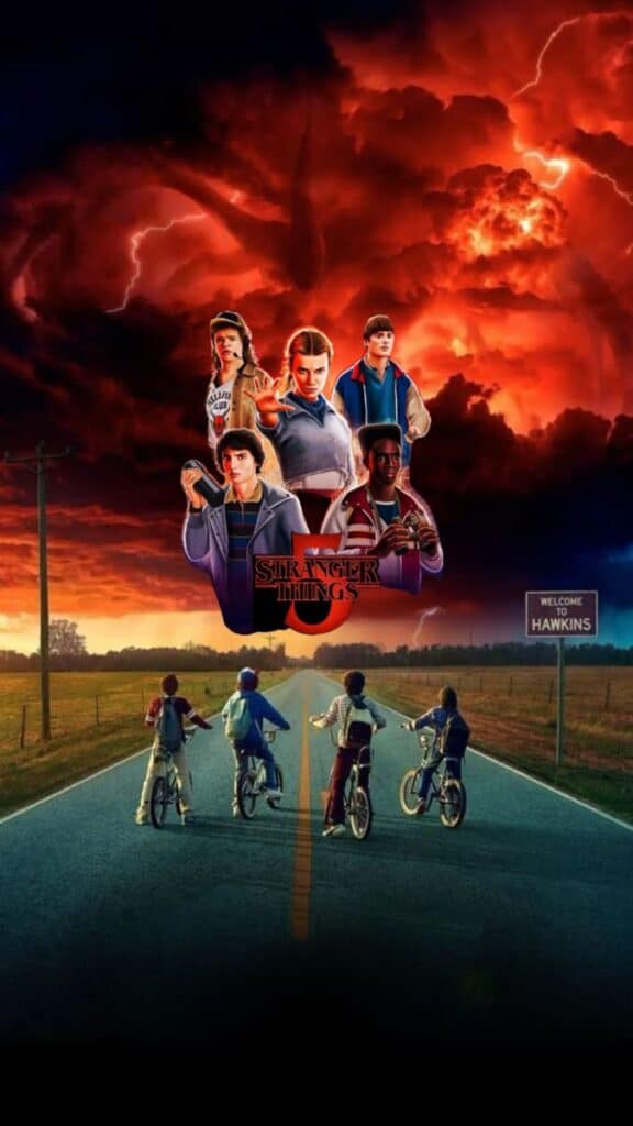Stranger Things season 5 poster: main characters, bikes, fiery sky, Hawkins welcome sign. Adventure and mystery unfold.