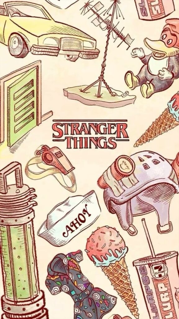 Illustrated Stranger Things collage featuring iconic 80s items: yellow car, TV aerial, ice cream, and Ahoy hat.