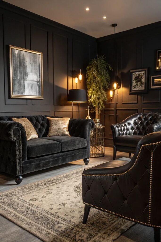 Luxurious dark living room with velvet sofa, armchairs, chic lighting, plant, and elegant decor in a sophisticated setting.