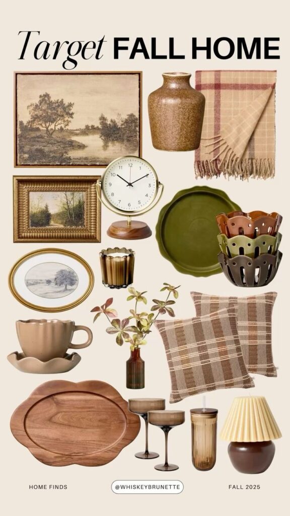 Target Fall Home Decor Collection 2025: cozy pillows, pottery, framed art, clock, and tableware for a warm autumn aesthetic.
