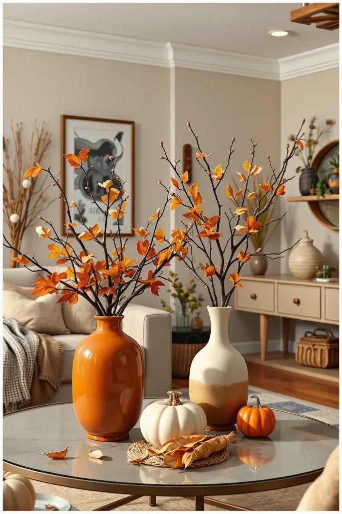 Textural Symphony_ Textures Fall Living Room Ideas to Embrace the Season - Handy Home Elegant fall-themed living room with autumn branches, pumpkins, and cozy decor on a coffee table. Warm, inviting atmosphere.