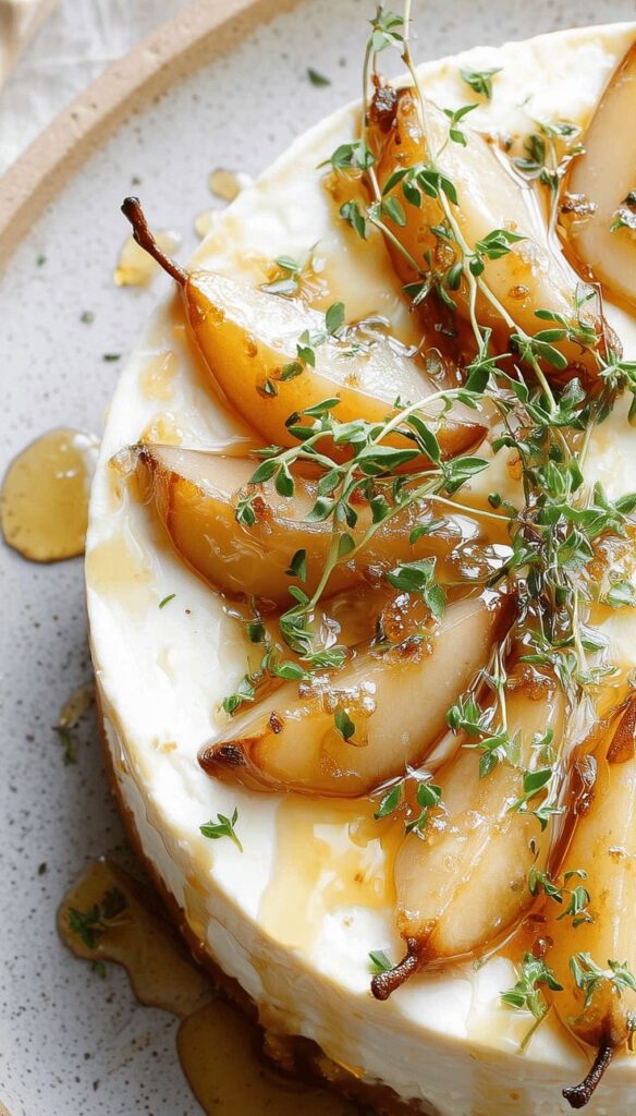 Elegant cheesecake topped with caramelized pear slices and fresh thyme, drizzled with honey on a speckled plate.