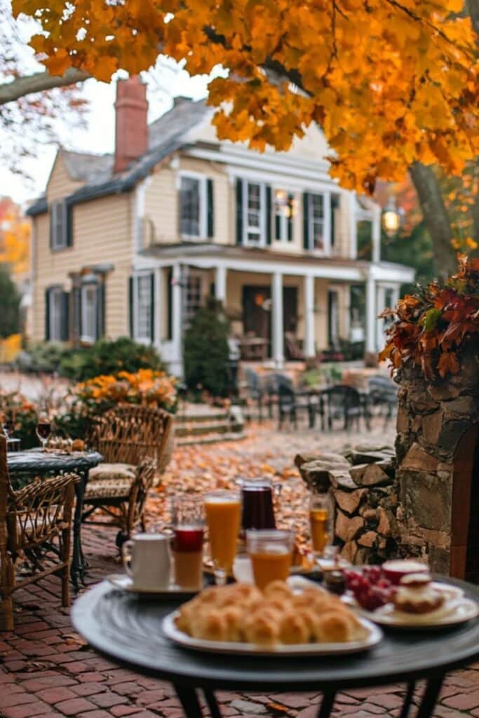 Charming autumn breakfast scene on a patio, with a table set for brunch and a cozy cottage backdrop surrounded by fall foliage.