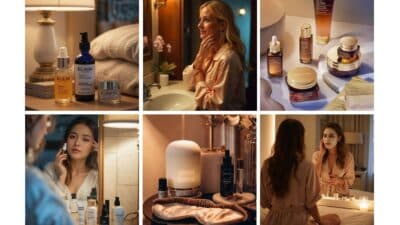 Collage of women practicing skincare routines with beauty products, masks, and essential oils in luxurious settings.