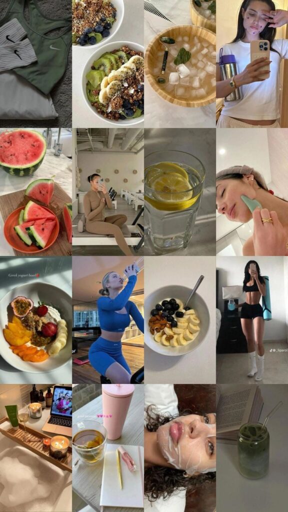 Collage of fitness, healthy meals, skincare, and wellness moments. Active lifestyle inspiration with food and self-care routines.