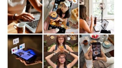 Social media influencer lifestyle: blogging, filming with a phone and tripod, enjoying food, and tracking likes and comments.
