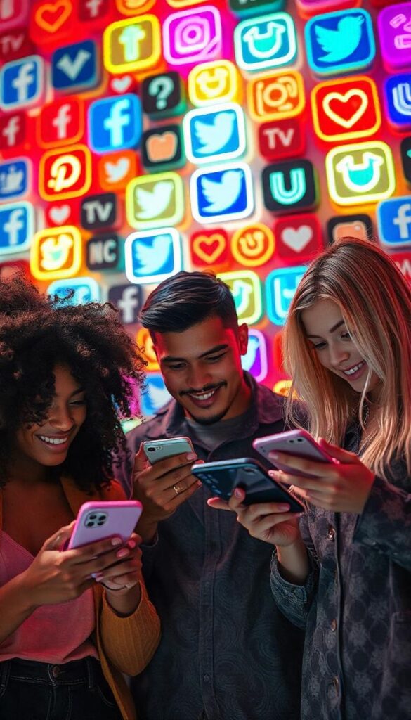 People smiling at smartphones, surrounded by vibrant social media icons. Digital connectivity and social engagement theme.