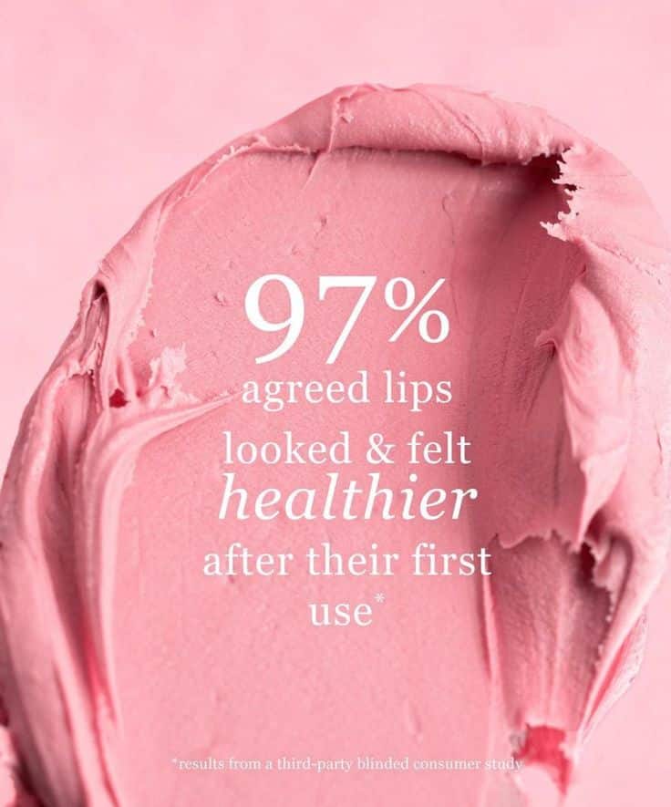 Pink lip balm texture with text: 97% agreed lips looked & felt healthier after first use from consumer study results.