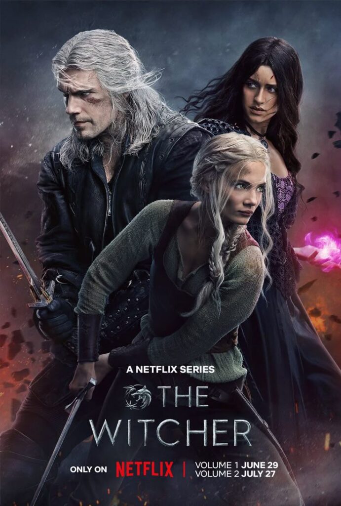 The Witcher poster featuring three main characters with intense expressions, swords, and magic, promoting Netflix series.