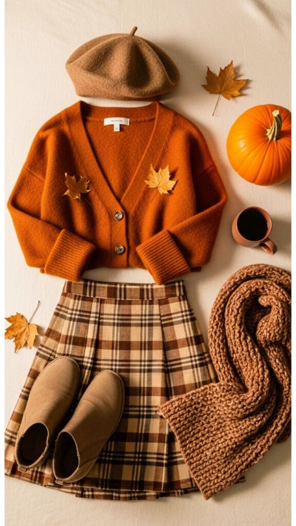 Fall fashion flat lay: orange cardigan, plaid skirt, beret, scarf, ankle boots, pumpkin, leaves, and coffee. Perfect autumn style.