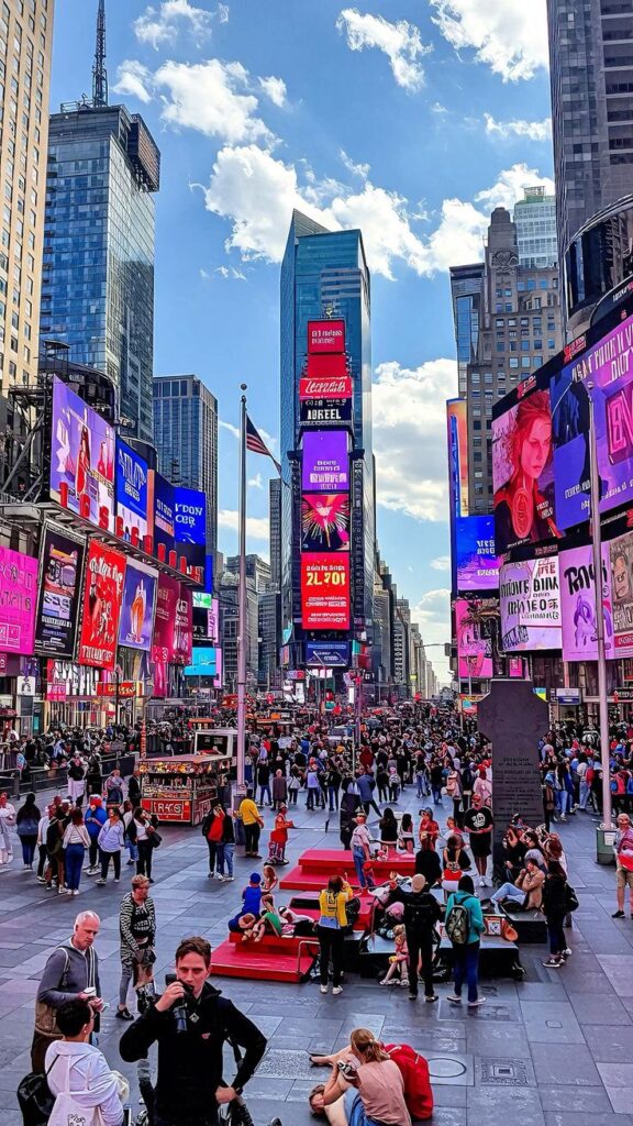 Bustling Times Square with vibrant billboards and crowds, showcasing New York City's iconic energy and urban atmosphere.