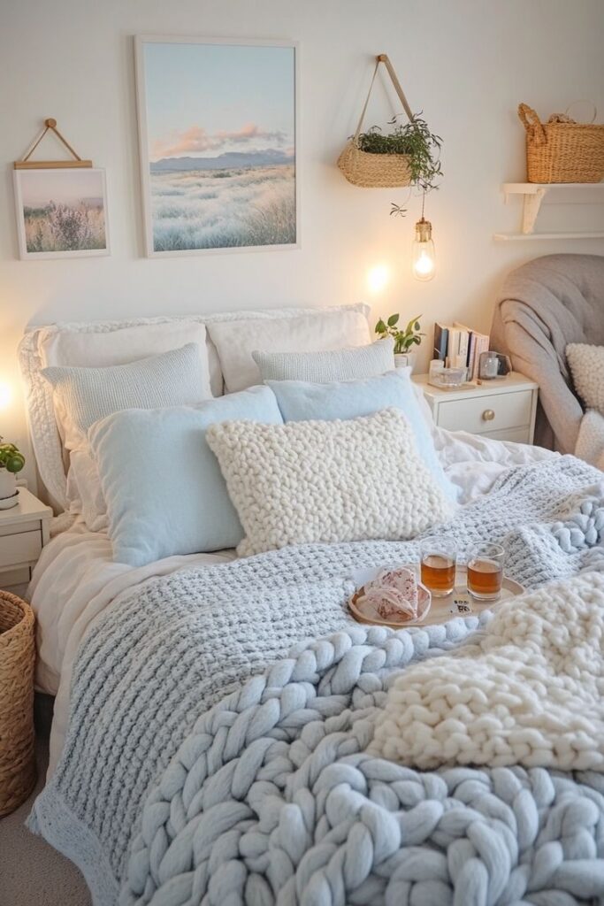 Cozy bedroom with chunky knit blankets, pastel pillows, and warm lighting. Relaxing and stylish decor with tea and wall art.