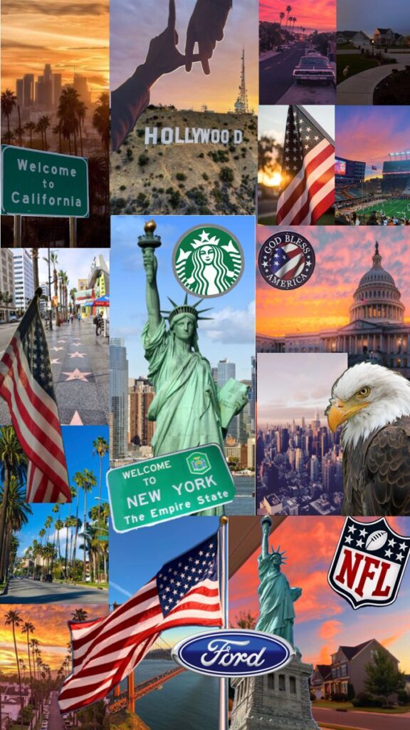 Collage of American symbols: Hollywood, NYC, Statue of Liberty, NFL, US flags, iconic landmarks, and logos. Vibrant tribute to the USA.