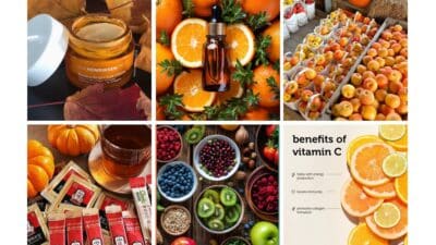 Collage of vitamin C-rich foods, skincare products, and benefits, promoting health and wellness through nutrition and beauty.