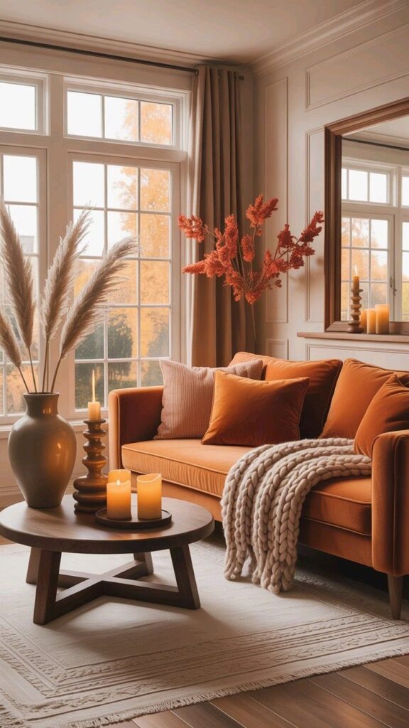 Cozy autumn-themed living room with orange sofa, candles, pampas grass, and knit throw, capturing fall ambiance and natural light.