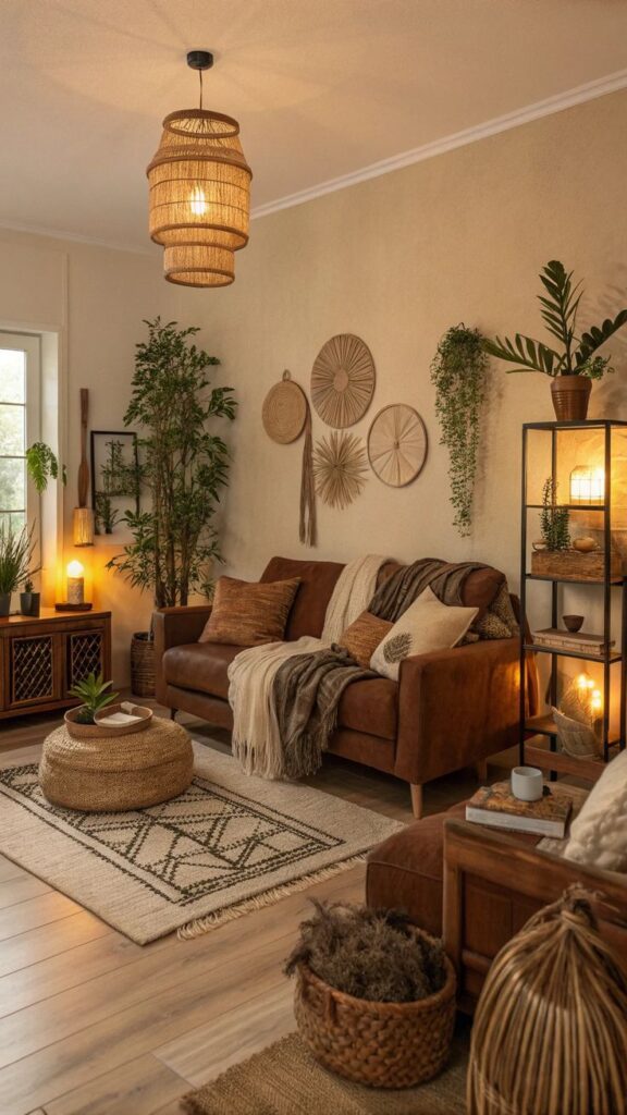 Cozy boho living room with brown couch, wicker decor, plants, and warm lighting for a natural, inviting atmosphere.