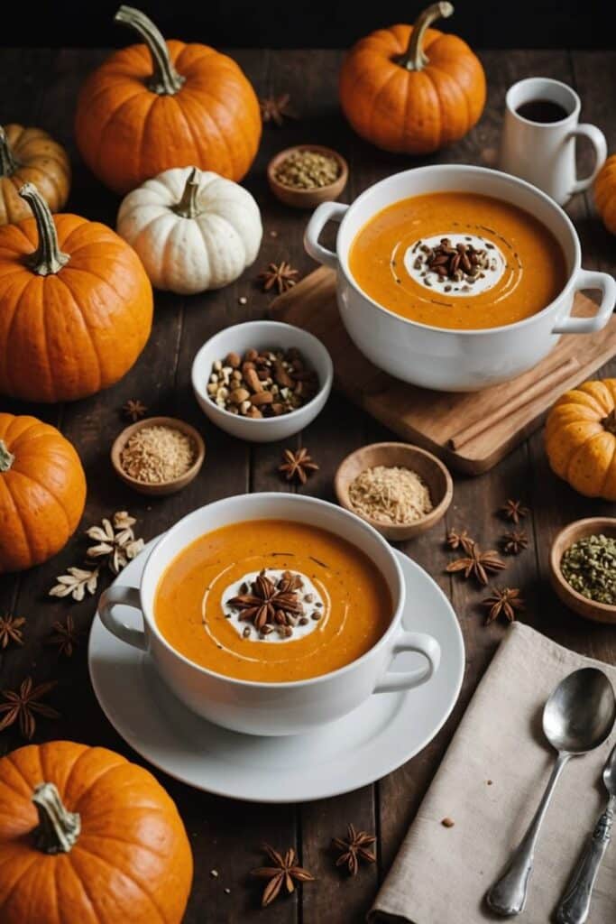 Creamy pumpkin soup garnished with spices, surrounded by mini pumpkins and seasoning bowls on a rustic wooden table. Cozy autumn meal.