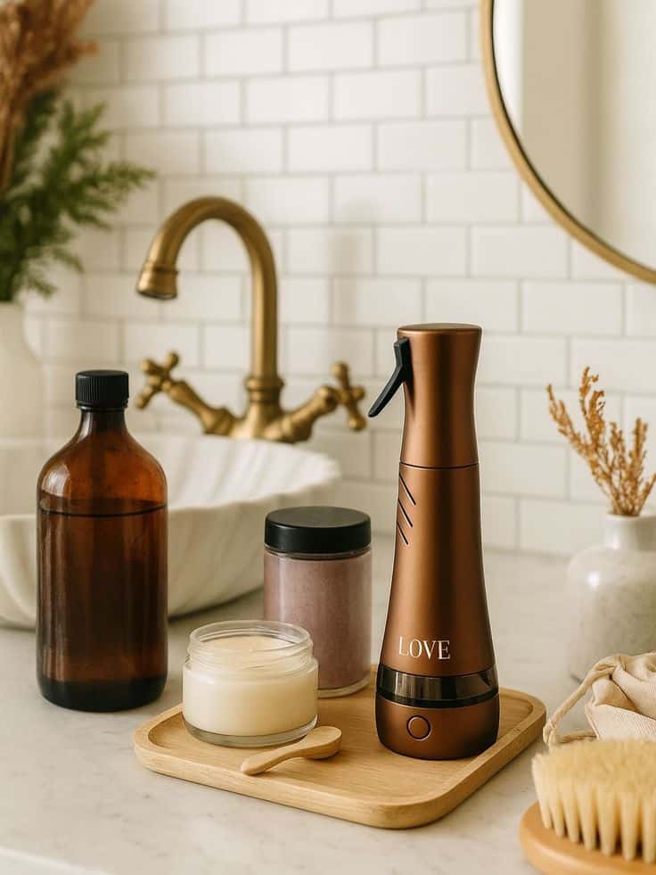 Elegant bathroom setup with a bronze spray bottle labeled LOVE, skincare products, and vintage decor on a marble counter.