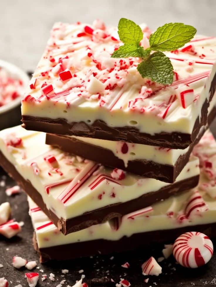 Festive chocolate peppermint bark with mint garnish, featuring swirled layers of rich dark and white chocolate sprinkled with candy cane bits.