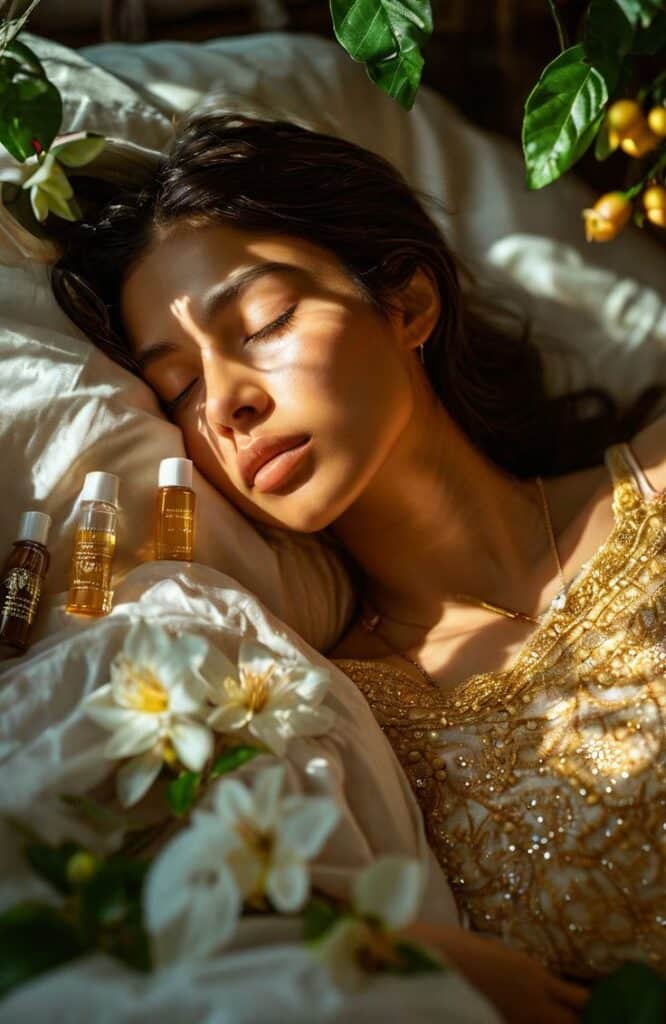Woman sleeping in sunlight, surrounded by flowers and skincare products on bed, wearing a golden dress. Tranquil beauty scene.