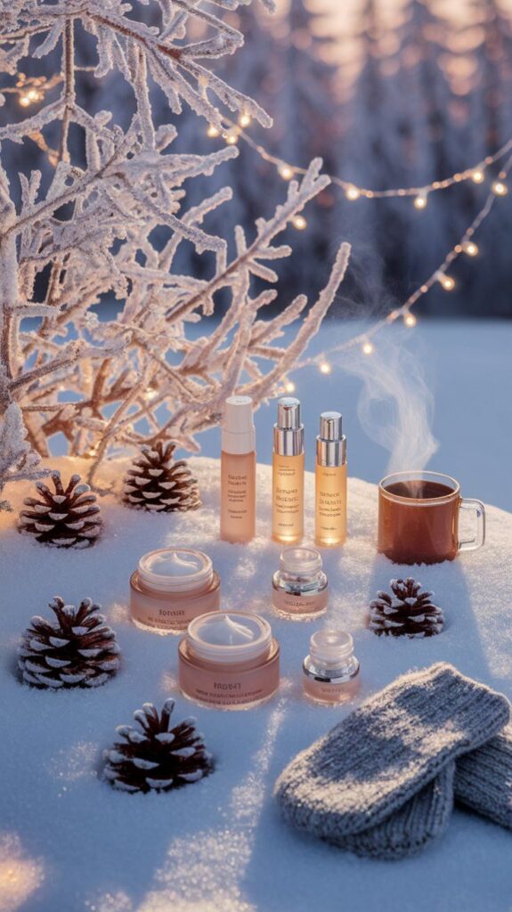 Winter skincare products displayed on snowy surface with frosty pine cones, warm drink, and cozy mittens. Twilight ambiance.