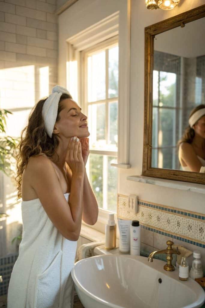 Woman enjoying a skincare routine in a sunlit bathroom, wearing a towel and headband, with products on the counter.