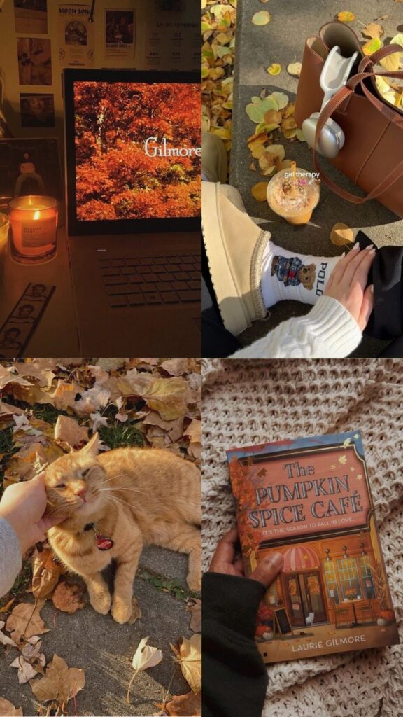 Autumn vibes collage: cozy candlelit evening, fall leaves with coffee, content cat in leaves, and a cozy book read. 🍂📚🍁