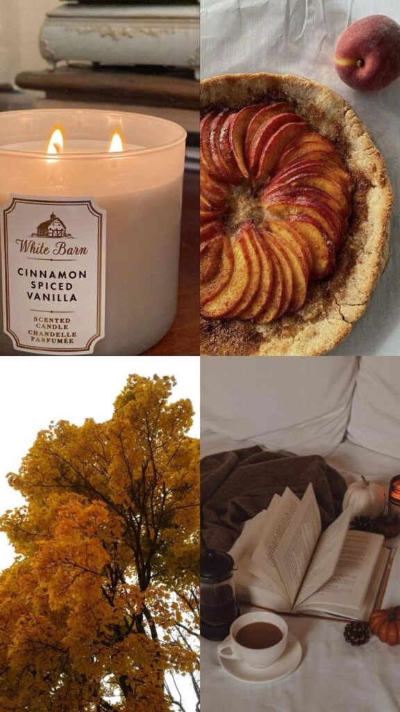 Cozy autumn vibe: lit cinnamon vanilla candle, peach tart, golden autumn tree, and a relaxing moment with coffee and a book.