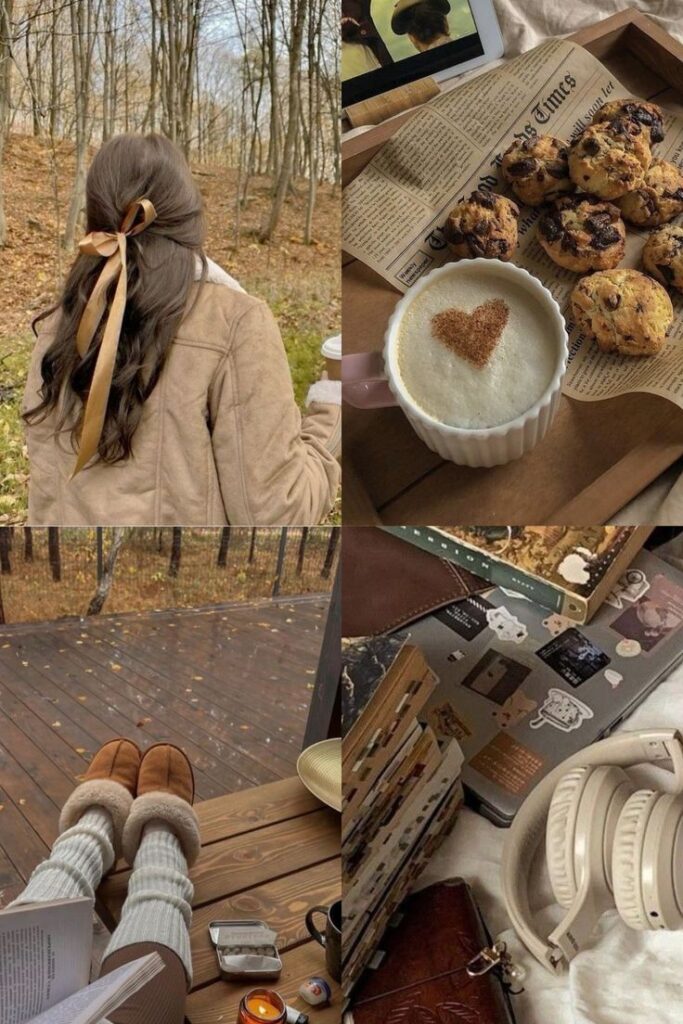 Cozy autumn vibes: woman with ribbon in hair, latte with heart, cookies, comfy socks, books, laptop, and headphones. Relaxing fall day.