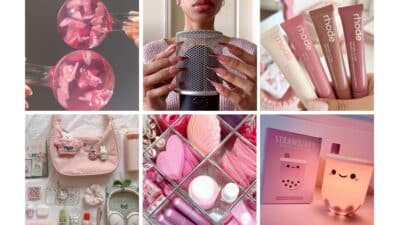 Collage of pink-themed lifestyle items, including skincare products, makeup, a microphone, handbag, and boba light.