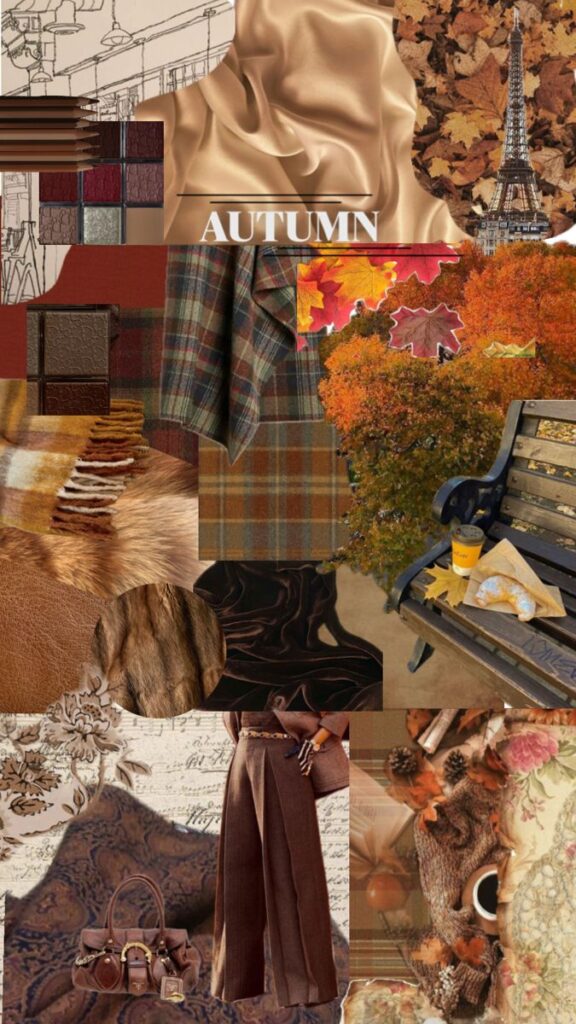 Autumn collage featuring fabrics, leaves, Eiffel Tower, plaid, cozy accessories, and warm hues - capturing fall's essence.