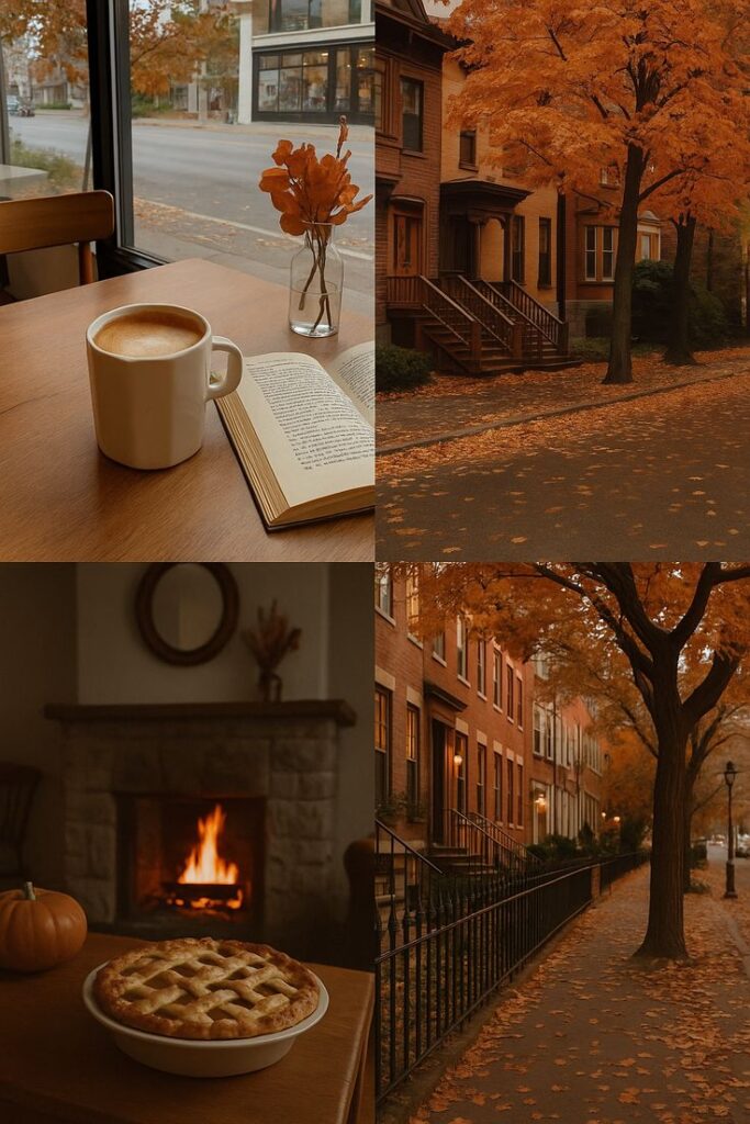Cozy autumn collage: coffee and book by window, vibrant fall street view, warm fireplace with pie, tree-lined neighborhood walkway.